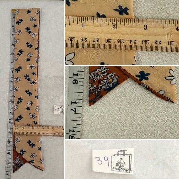 Slim Scarf 34in Rust and Cream Floral Duo Print 2 Sided Neck Hair Bag Wrap No39 - Picture 7 of 9